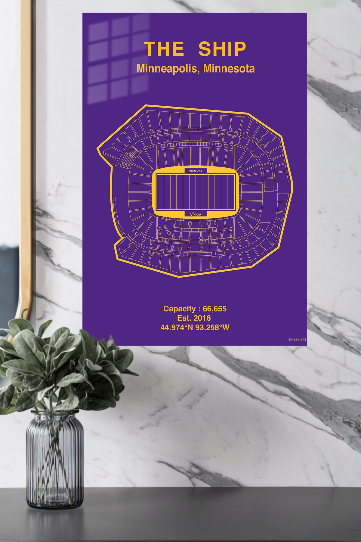 Minneapolis Football Stadium Seating Map metal wall art displayed in a modern interior