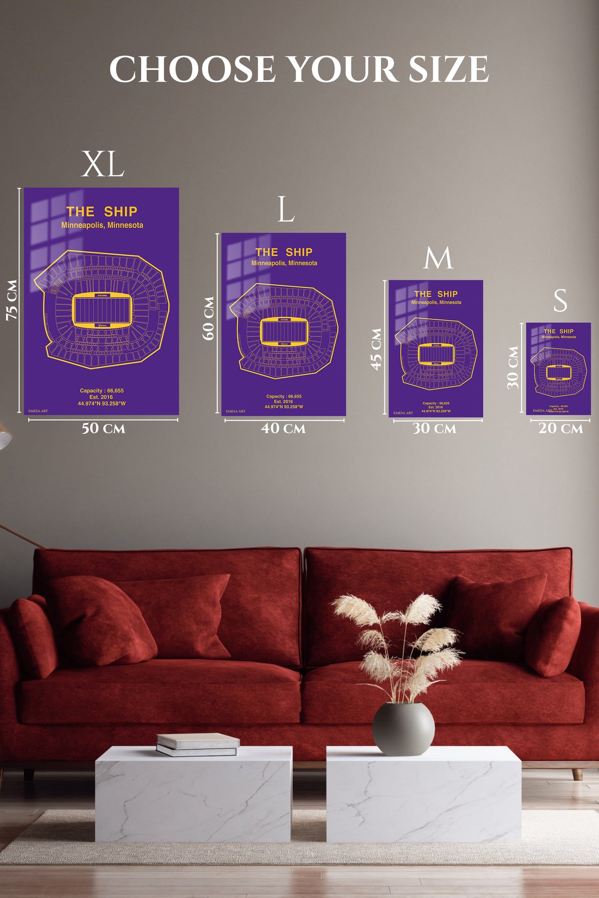 EMESA metal wall art size comparison guide for Minneapolis Football Stadium Seating Map