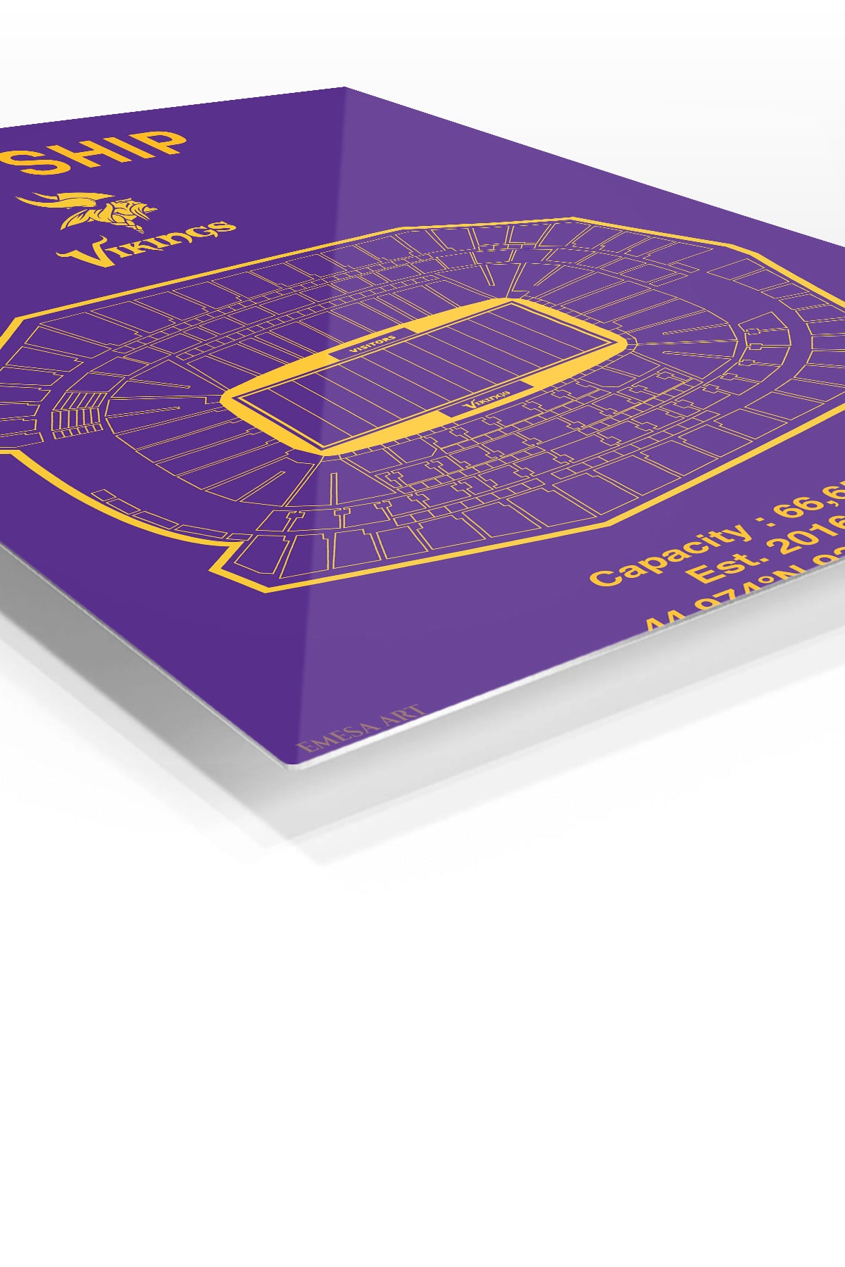 Purple and Gold Stadium Seating Chart premium metal wall art – angled view