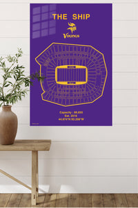 Purple and Gold Stadium Seating Chart metal wall art displayed in a modern interior