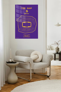 Purple and Gold Stadium Seating Chart metal wall art displayed in a contemporary living space