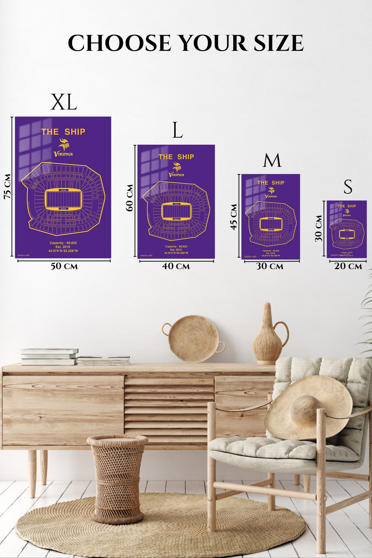 EMESA metal wall art size comparison guide for Purple and Gold Stadium Seating Chart