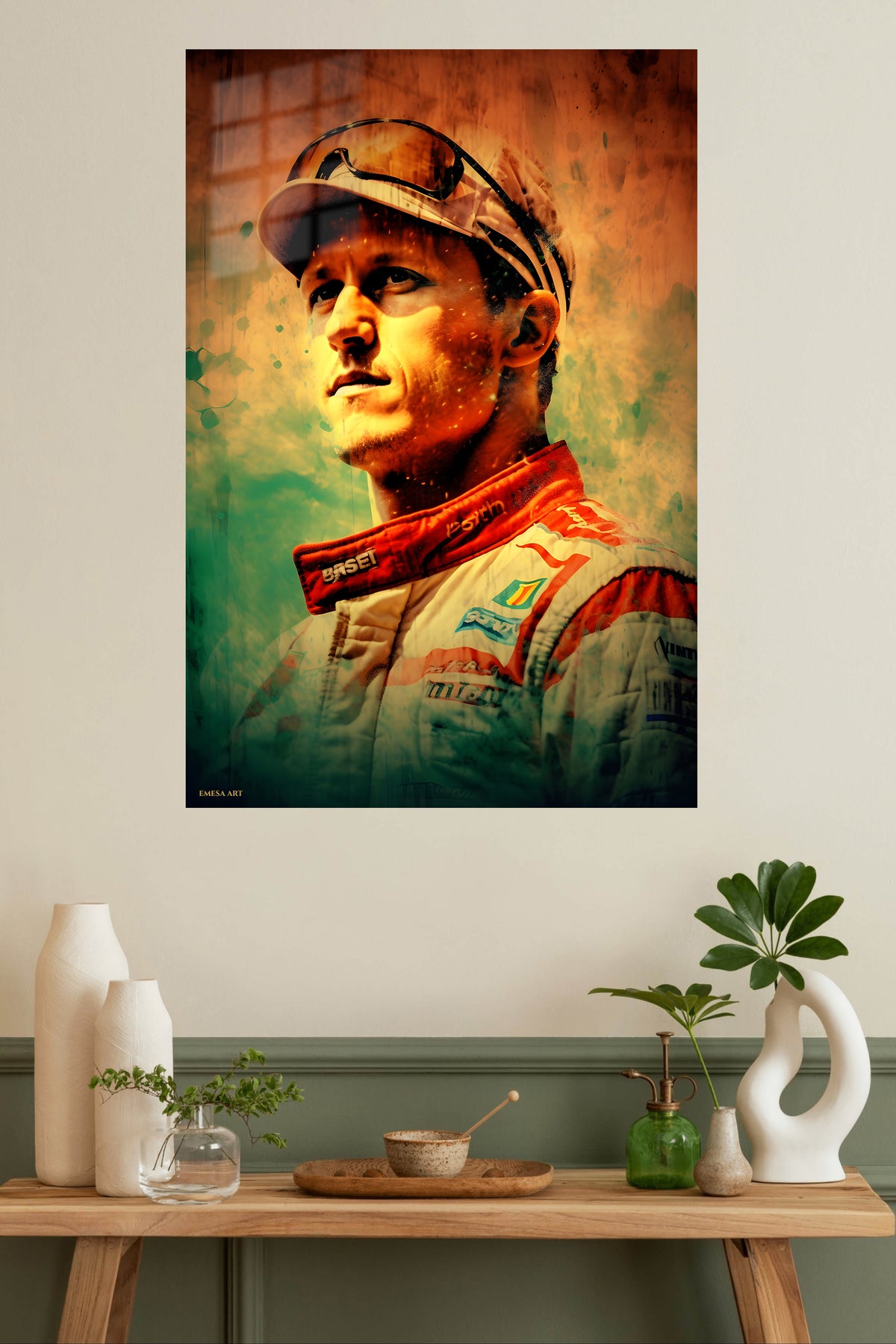Vintage Racing Driver Portrait metal wall art displayed in a modern interior