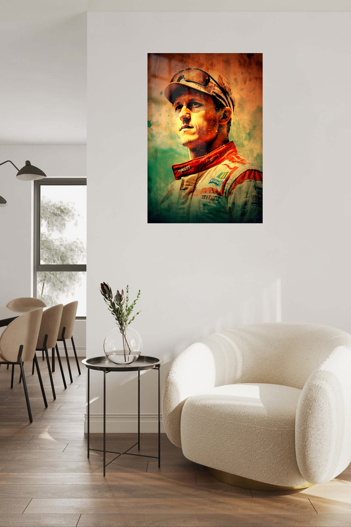 Vintage Racing Driver Portrait metal wall art displayed in a contemporary living space