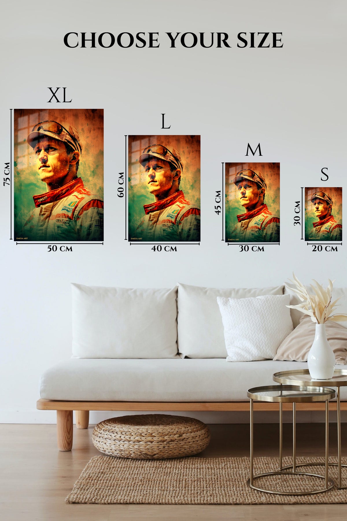 EMESA metal wall art size comparison guide for Vintage Racing Driver Portrait