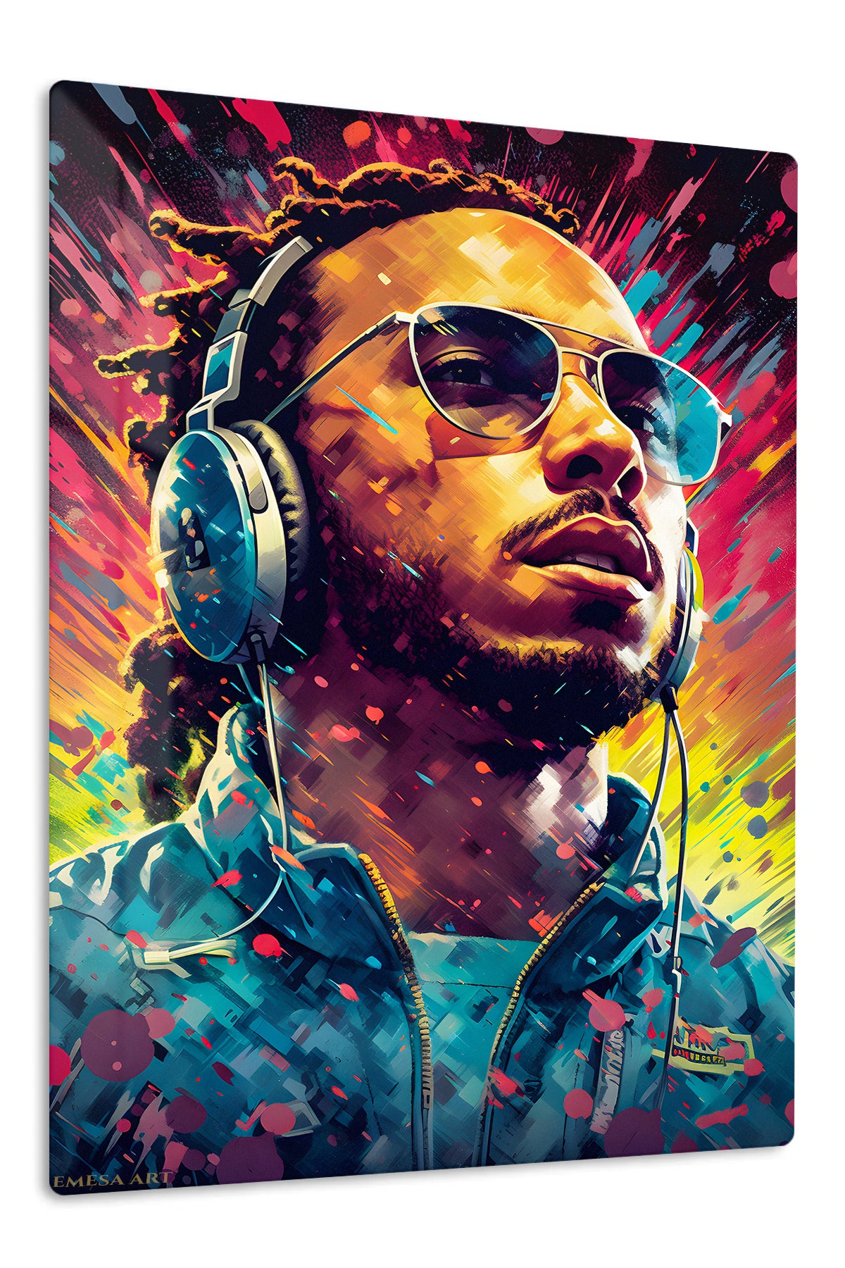 Headphone Portrait in Neon Color premium metal wall art – front view
