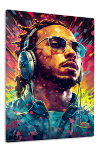 Headphone Portrait in Neon Color premium metal wall art – front view