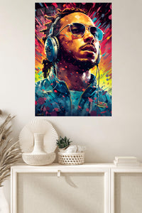Headphone Portrait in Neon Color metal wall art displayed in a modern interior