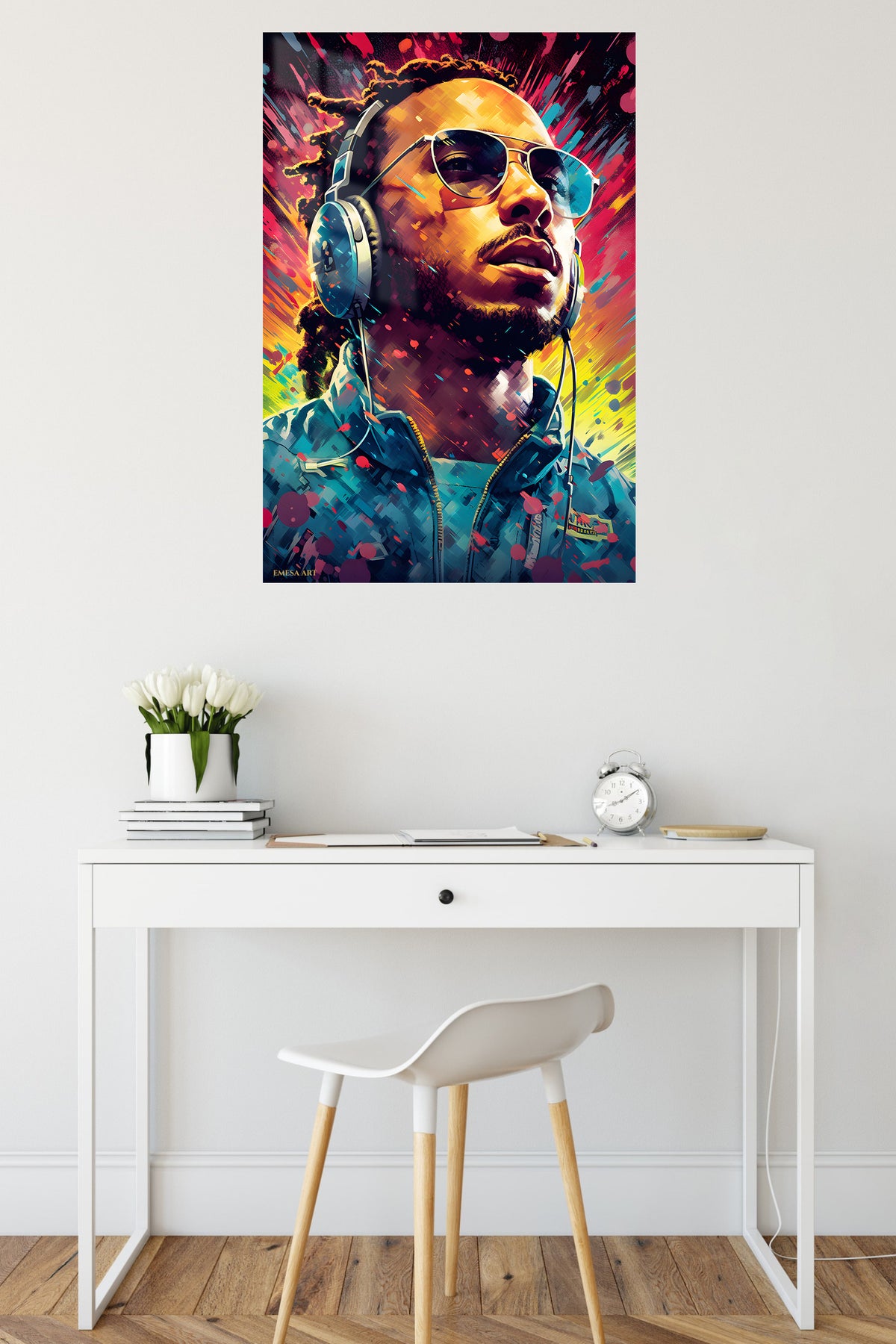Headphone Portrait in Neon Color metal wall art displayed in a contemporary living space