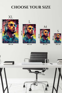 EMESA metal wall art size comparison guide for Headphone Portrait in Neon Color