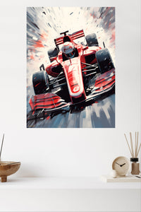 Red Formula Racing Car Burst metal wall art displayed in a modern interior