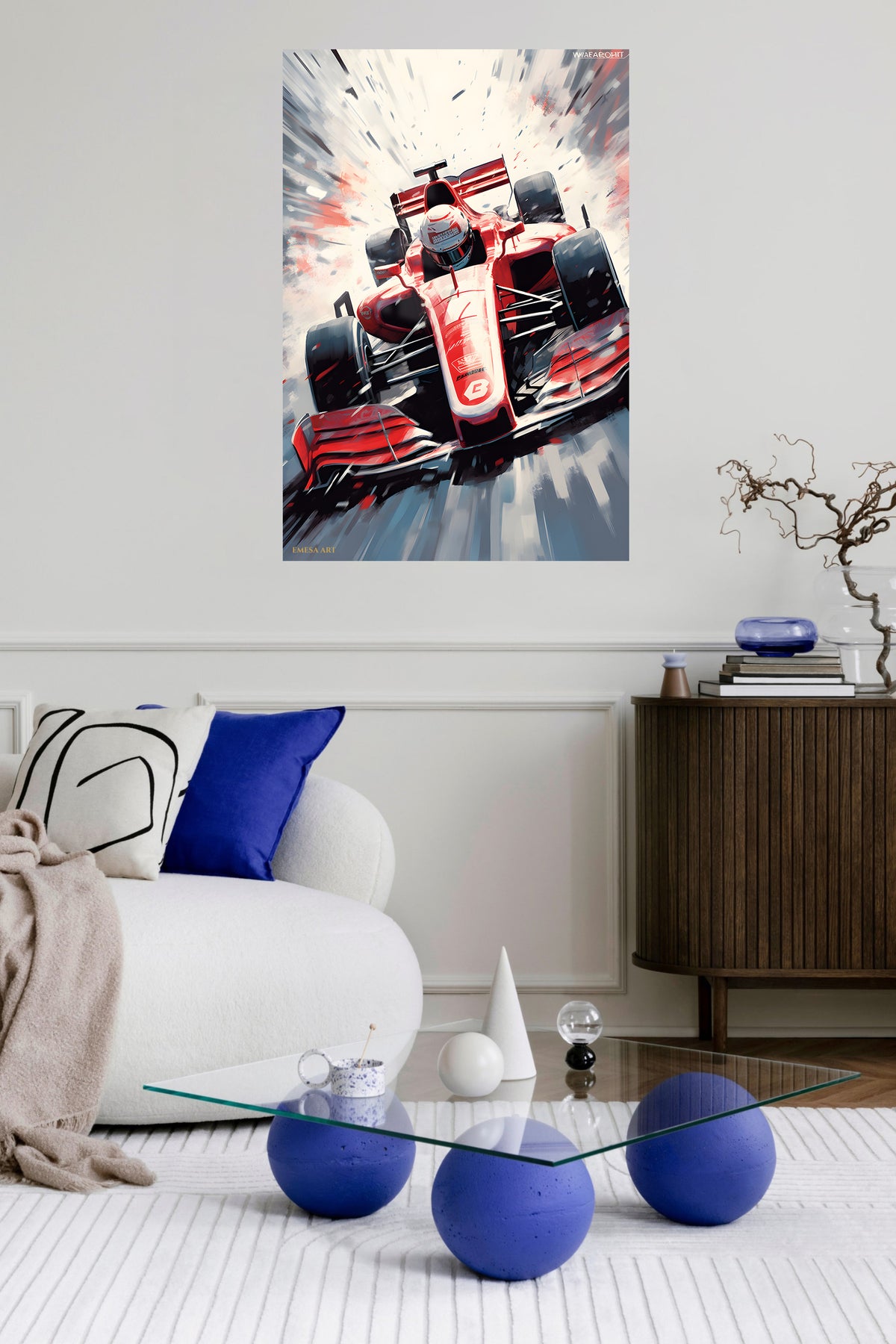 Red Formula Racing Car Burst metal wall art displayed in a contemporary living space