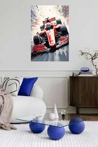 Red Formula Racing Car Burst metal wall art displayed in a contemporary living space