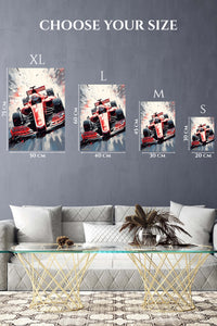 EMESA metal wall art size comparison guide for Red Formula Racing Car Burst