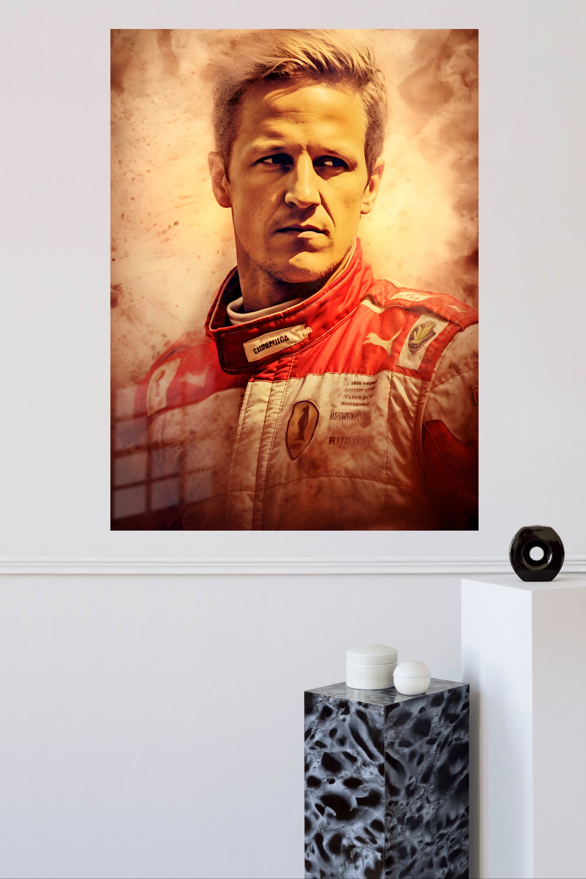 Vintage Racing Driver Portrait metal wall art displayed in a modern interior