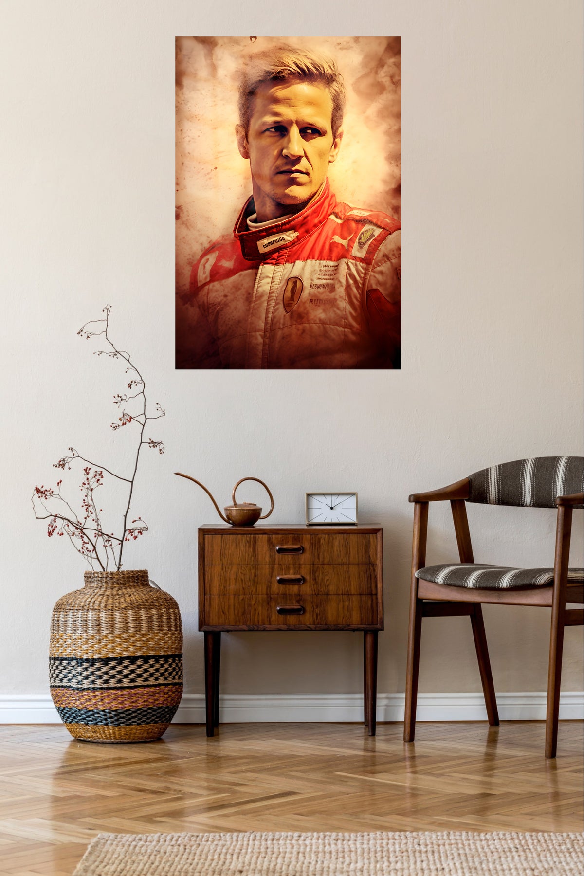 Vintage Racing Driver Portrait metal wall art displayed in a contemporary living space