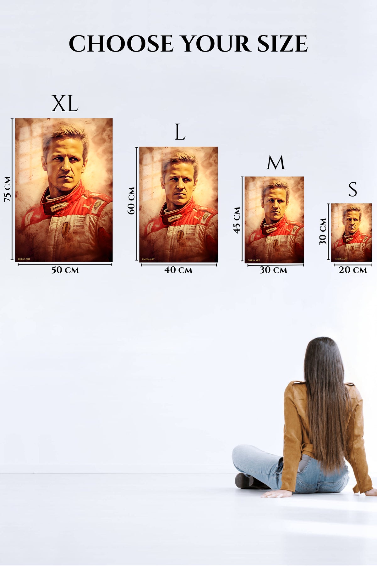 EMESA metal wall art size comparison guide for Vintage Racing Driver Portrait