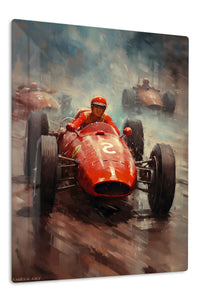 Red Vintage Race Car Charge premium metal wall art – front view