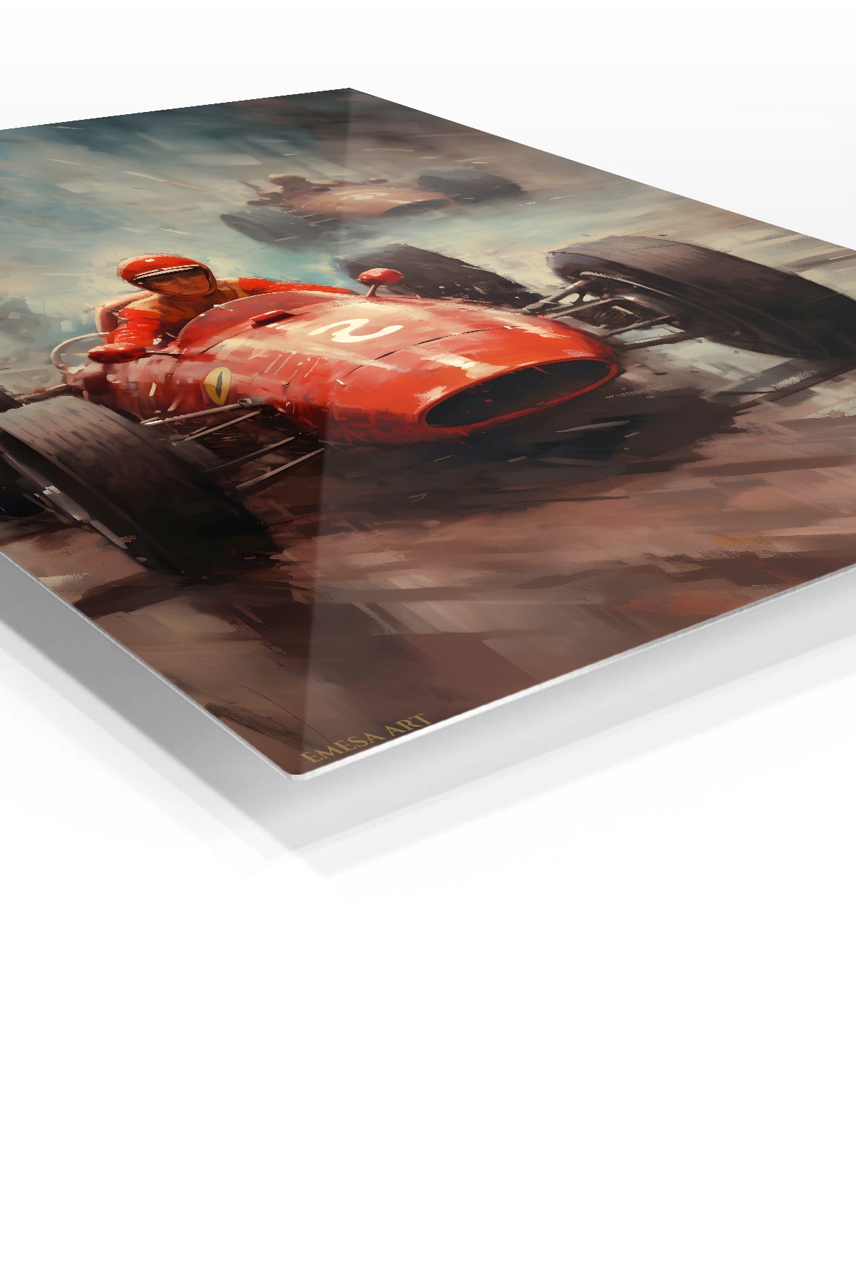 Red Vintage Race Car Charge premium metal wall art – angled view
