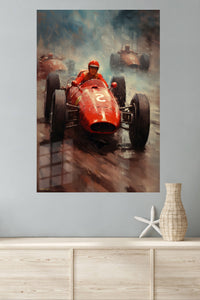 Red Vintage Race Car Charge metal wall art displayed in a modern interior