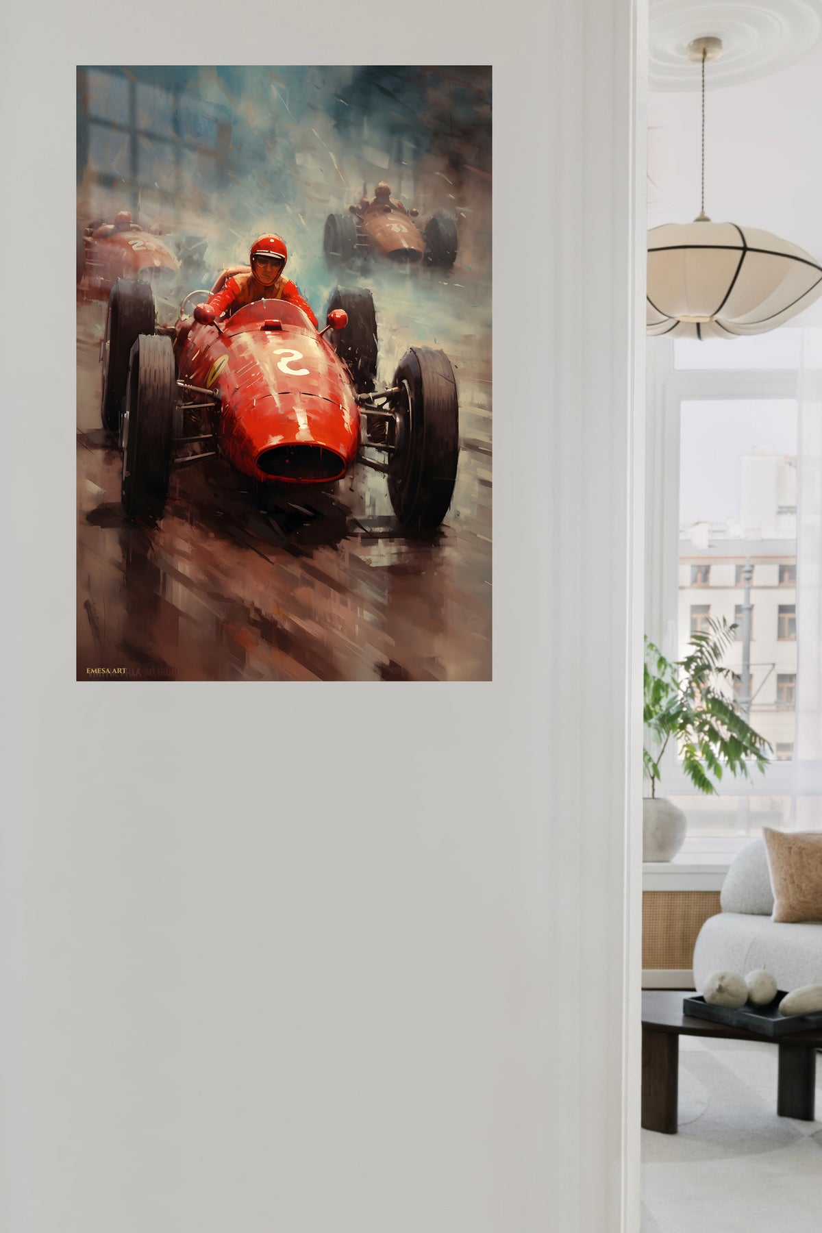 Red Vintage Race Car Charge metal wall art displayed in a contemporary living space