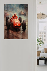 Red Vintage Race Car Charge metal wall art displayed in a contemporary living space