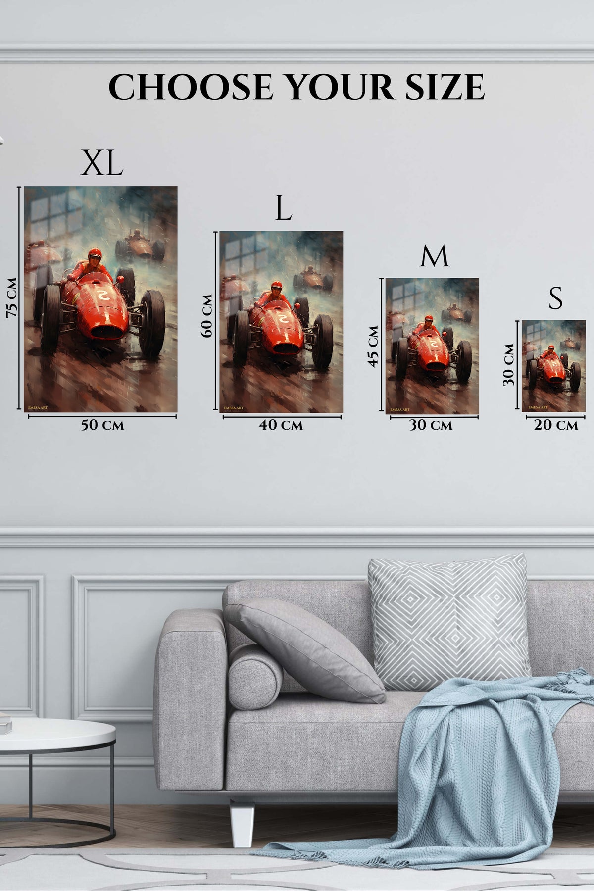EMESA metal wall art size comparison guide for Red Vintage Race Car Charge