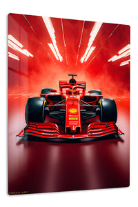 Crimson Formula Racer Under Track Lights premium metal wall art – front view