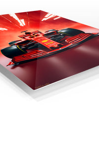 Crimson Formula Racer Under Track Lights premium metal wall art – angled view