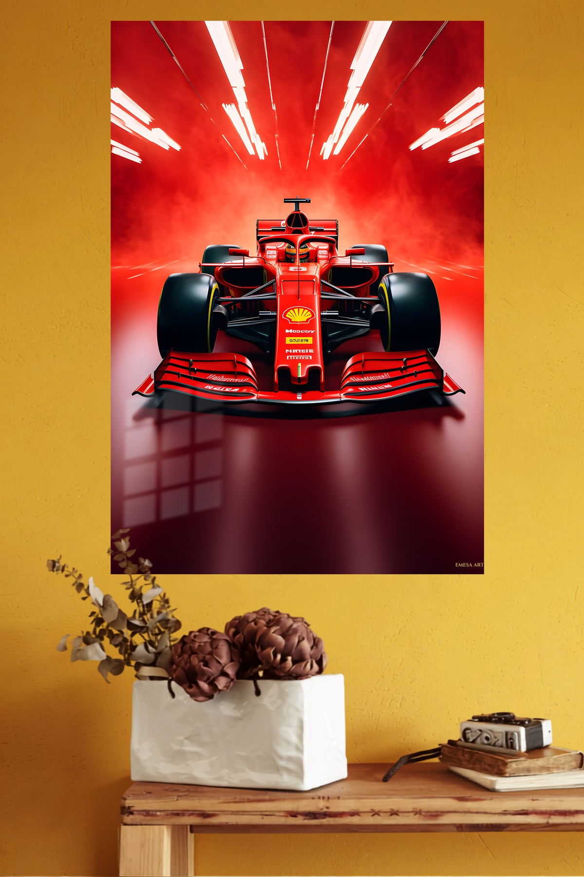 Crimson Formula Racer Under Track Lights metal wall art displayed in a modern interior