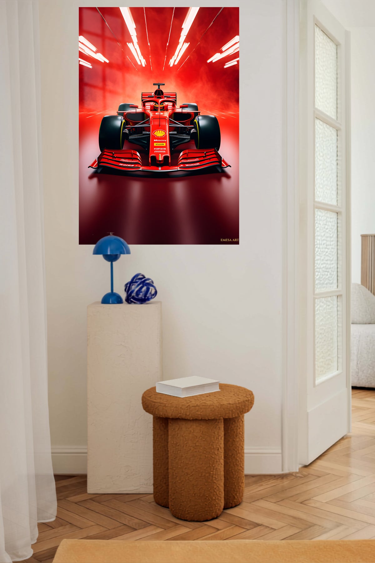 Crimson Formula Racer Under Track Lights metal wall art displayed in a contemporary living space