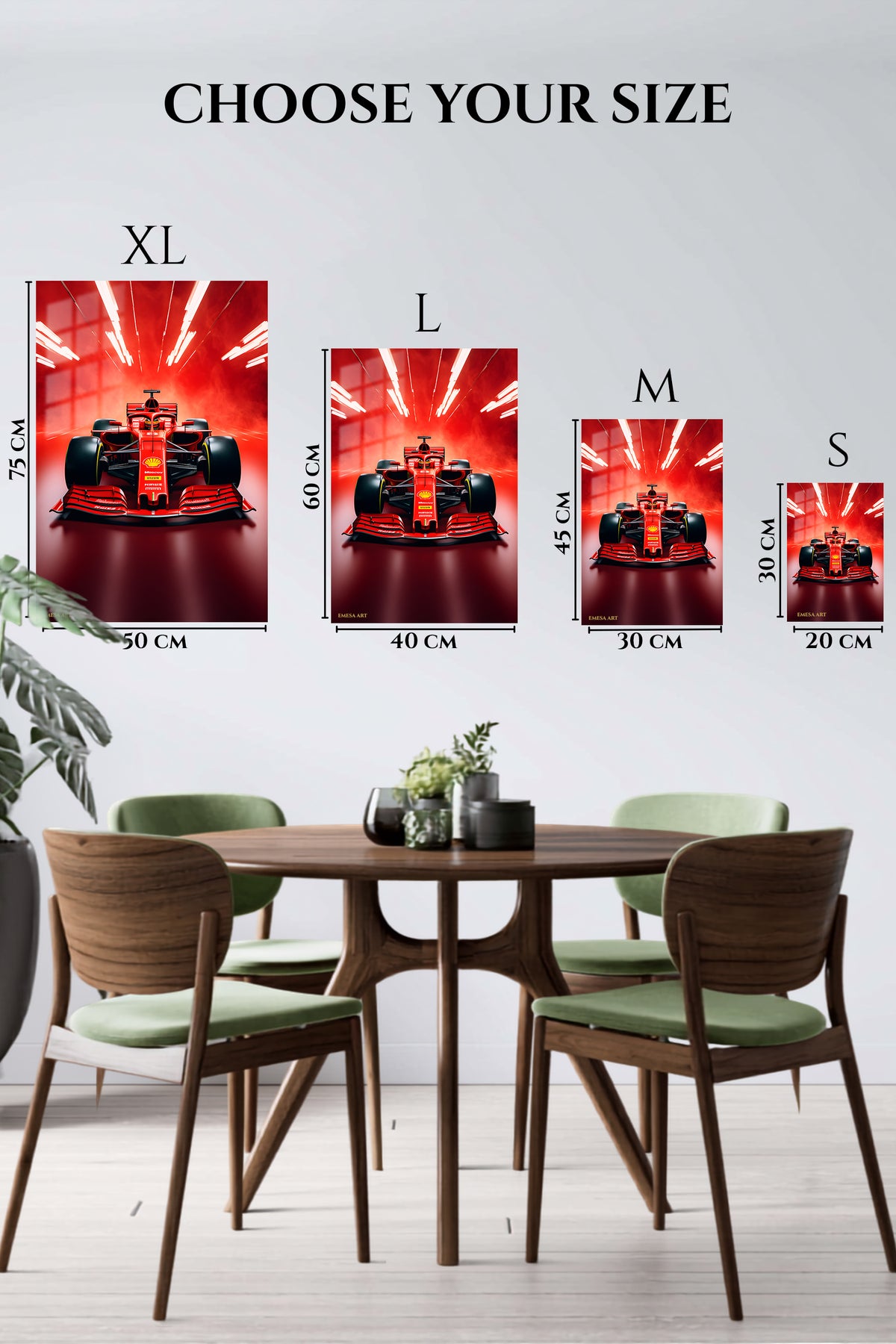 EMESA metal wall art size comparison guide for Crimson Formula Racer Under Track Lights