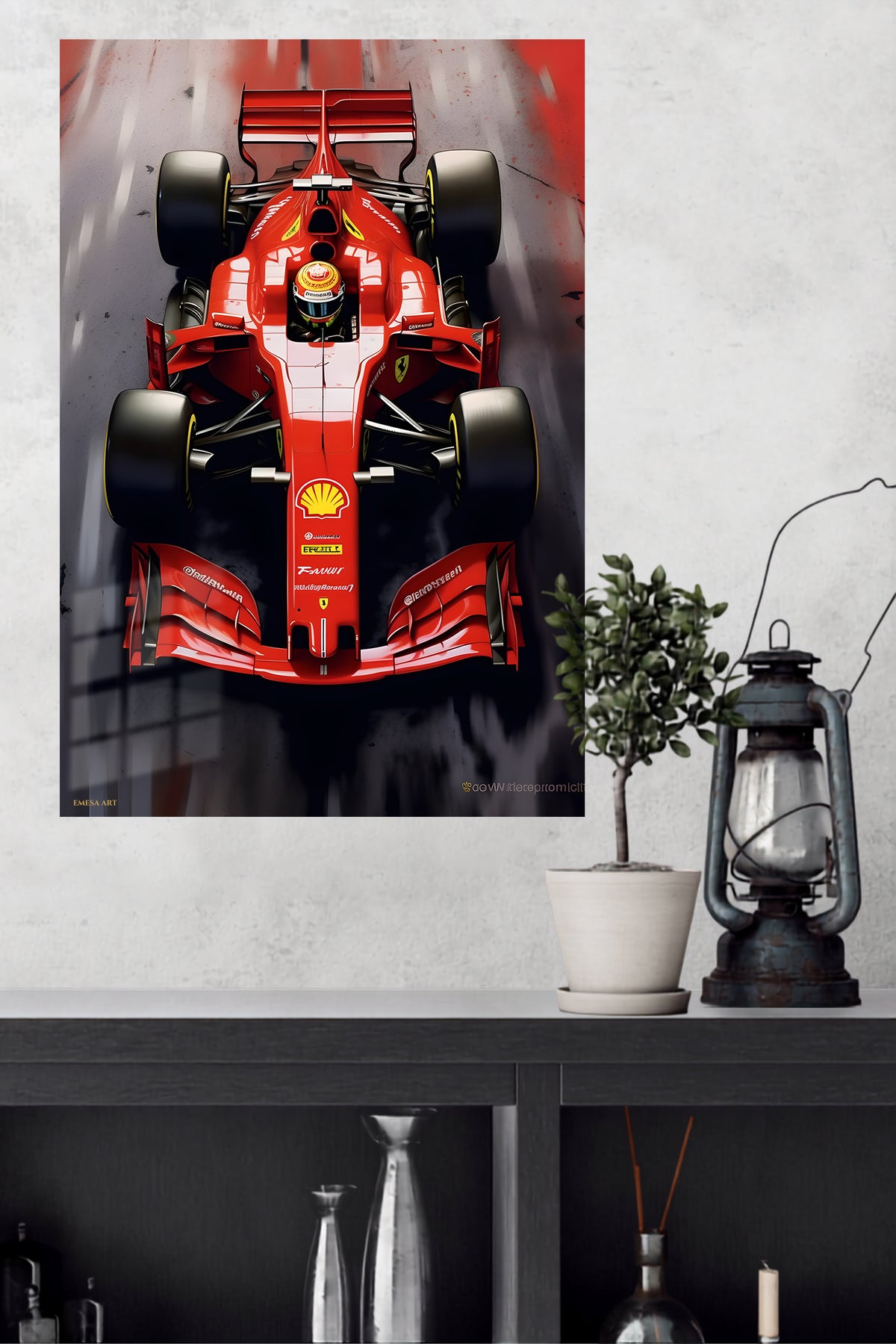 Scarlet Open-Wheel Racing Machine metal wall art displayed in a modern interior