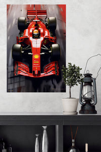 Scarlet Open-Wheel Racing Machine metal wall art displayed in a modern interior