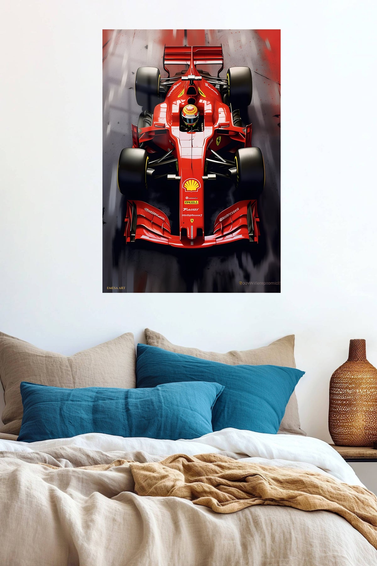 Scarlet Open-Wheel Racing Machine metal wall art displayed in a contemporary living space