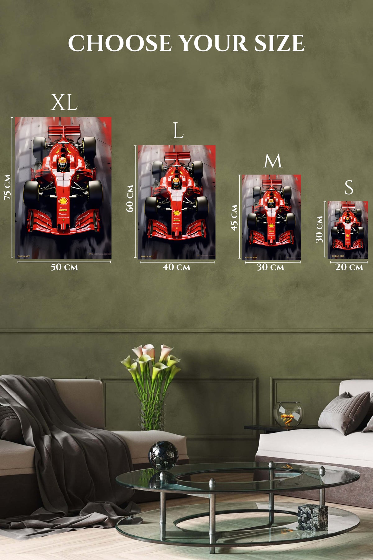EMESA metal wall art size comparison guide for Scarlet Open-Wheel Racing Machine