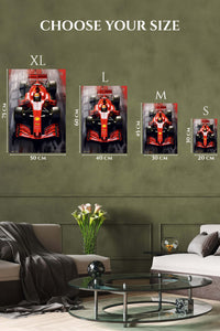 EMESA metal wall art size comparison guide for Scarlet Open-Wheel Racing Machine