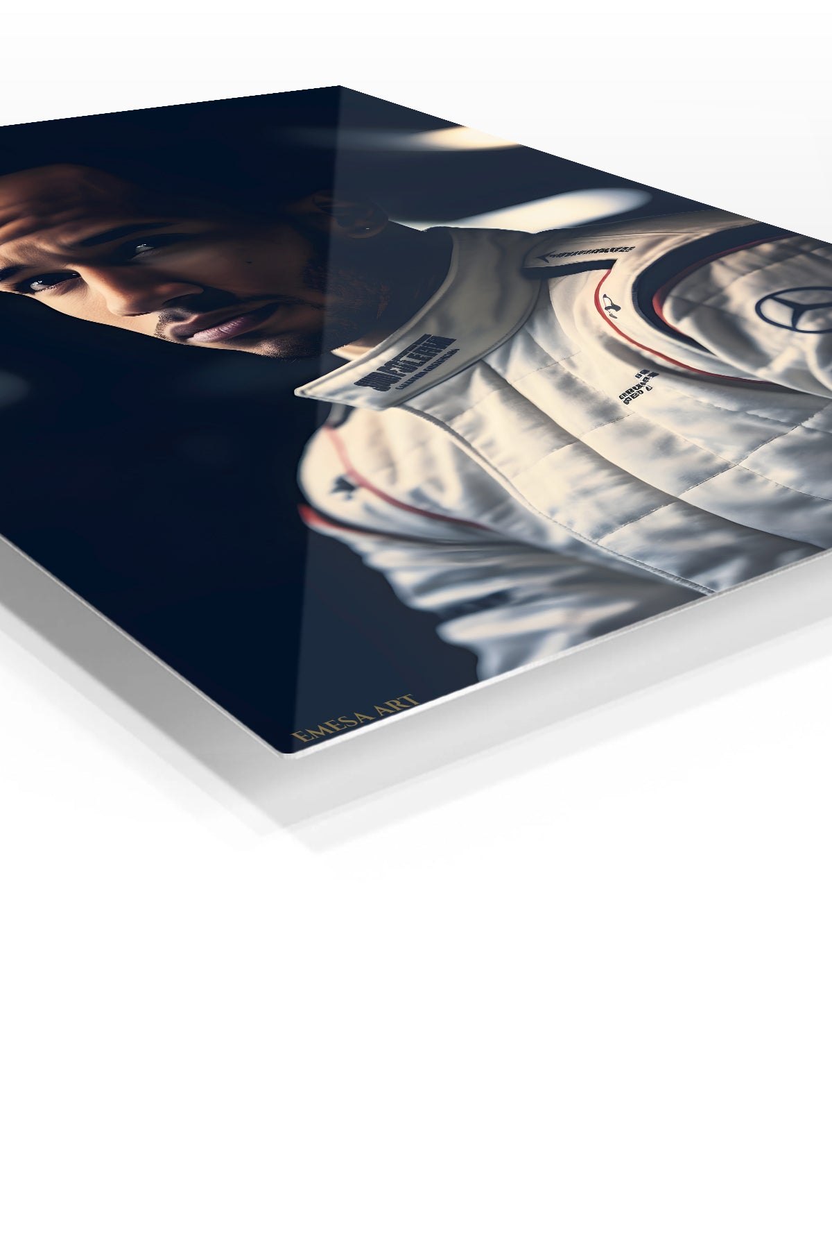 Focused Racing Driver Portrait premium metal wall art – angled view