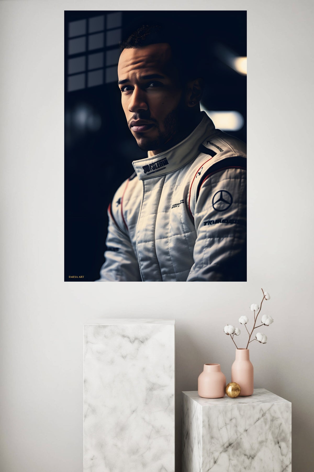 Focused Racing Driver Portrait metal wall art displayed in a modern interior