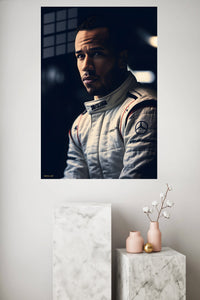 Focused Racing Driver Portrait metal wall art displayed in a modern interior