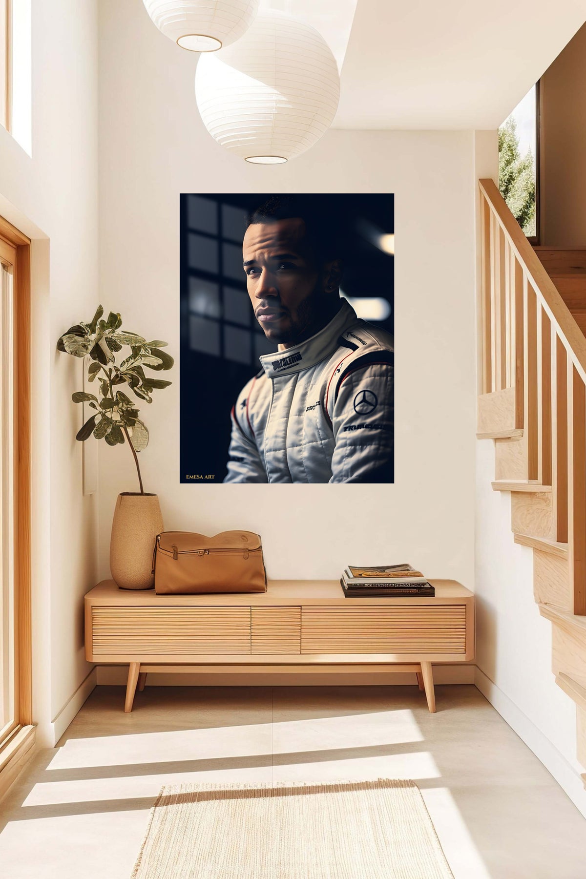 Focused Racing Driver Portrait metal wall art displayed in a contemporary living space