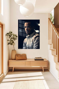 Focused Racing Driver Portrait metal wall art displayed in a contemporary living space