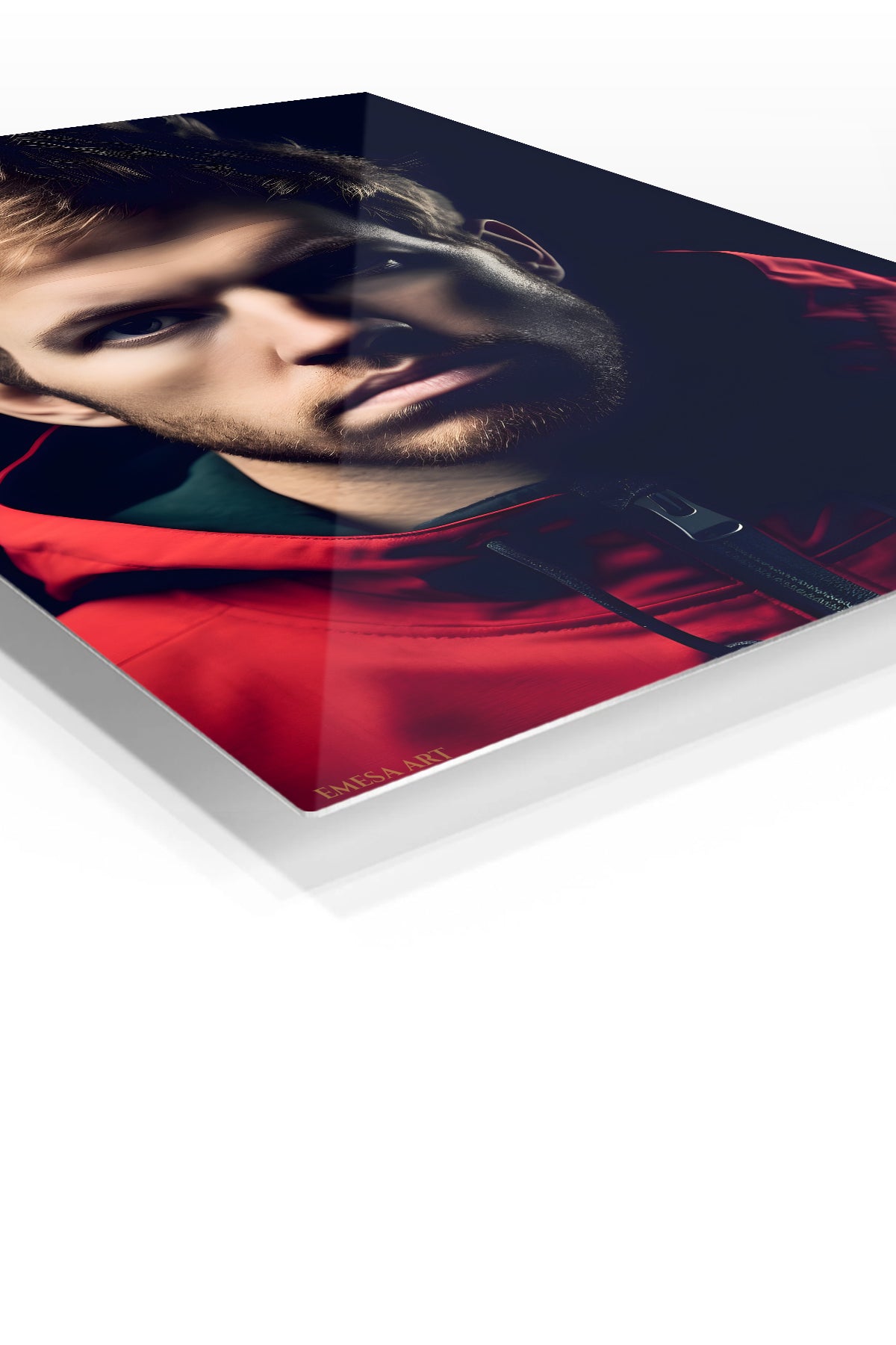 Shadowed Athlete in Red Jacket premium metal wall art – angled view
