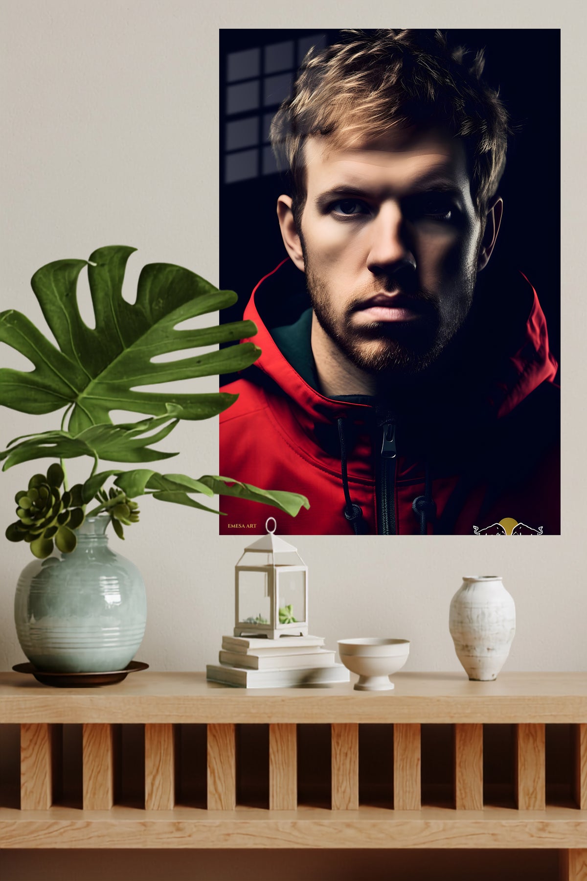 Shadowed Athlete in Red Jacket metal wall art displayed in a modern interior