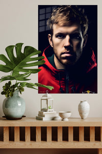 Shadowed Athlete in Red Jacket metal wall art displayed in a modern interior