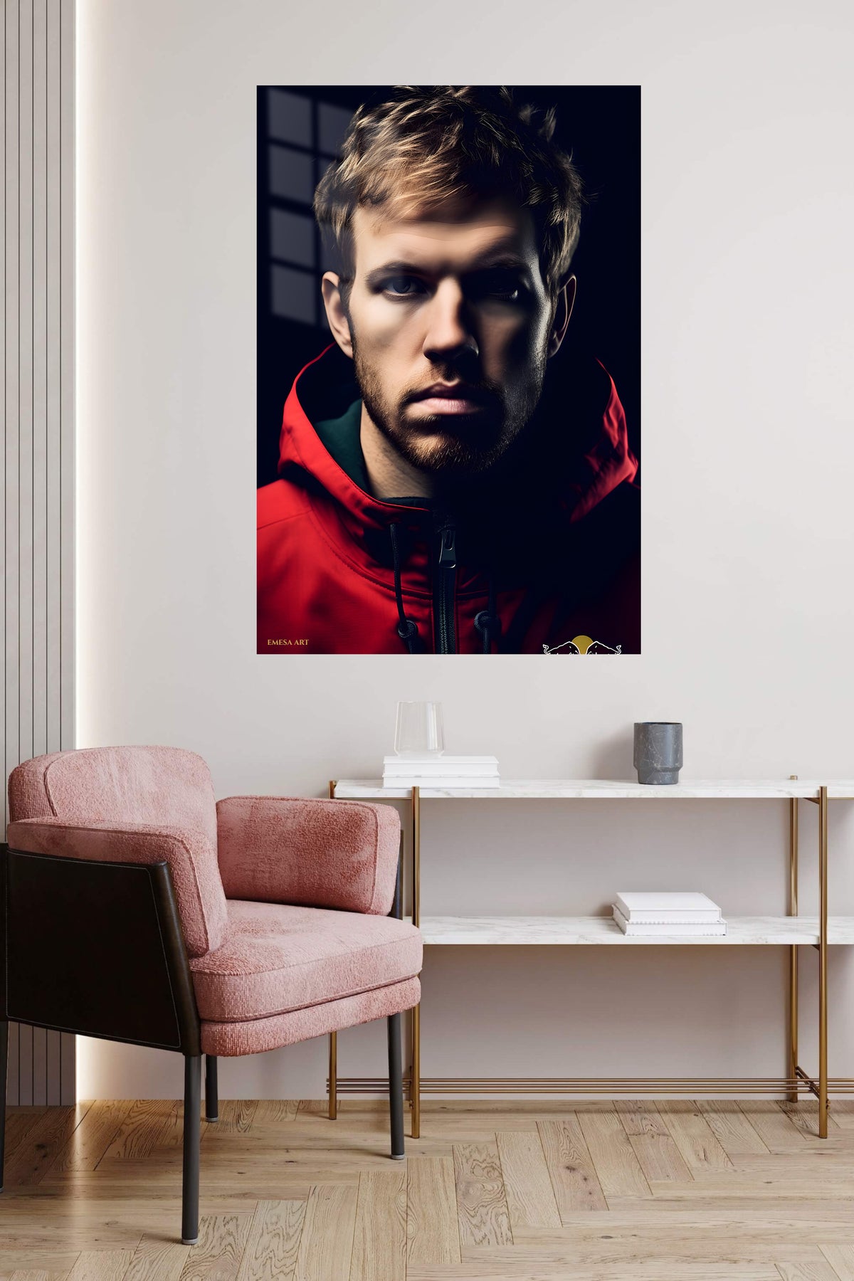 Shadowed Athlete in Red Jacket metal wall art displayed in a contemporary living space