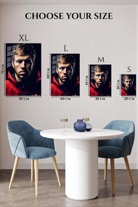 EMESA metal wall art size comparison guide for Shadowed Athlete in Red Jacket