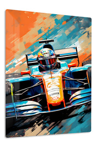 Formula Racer in Orange and Blue premium metal wall art – front view