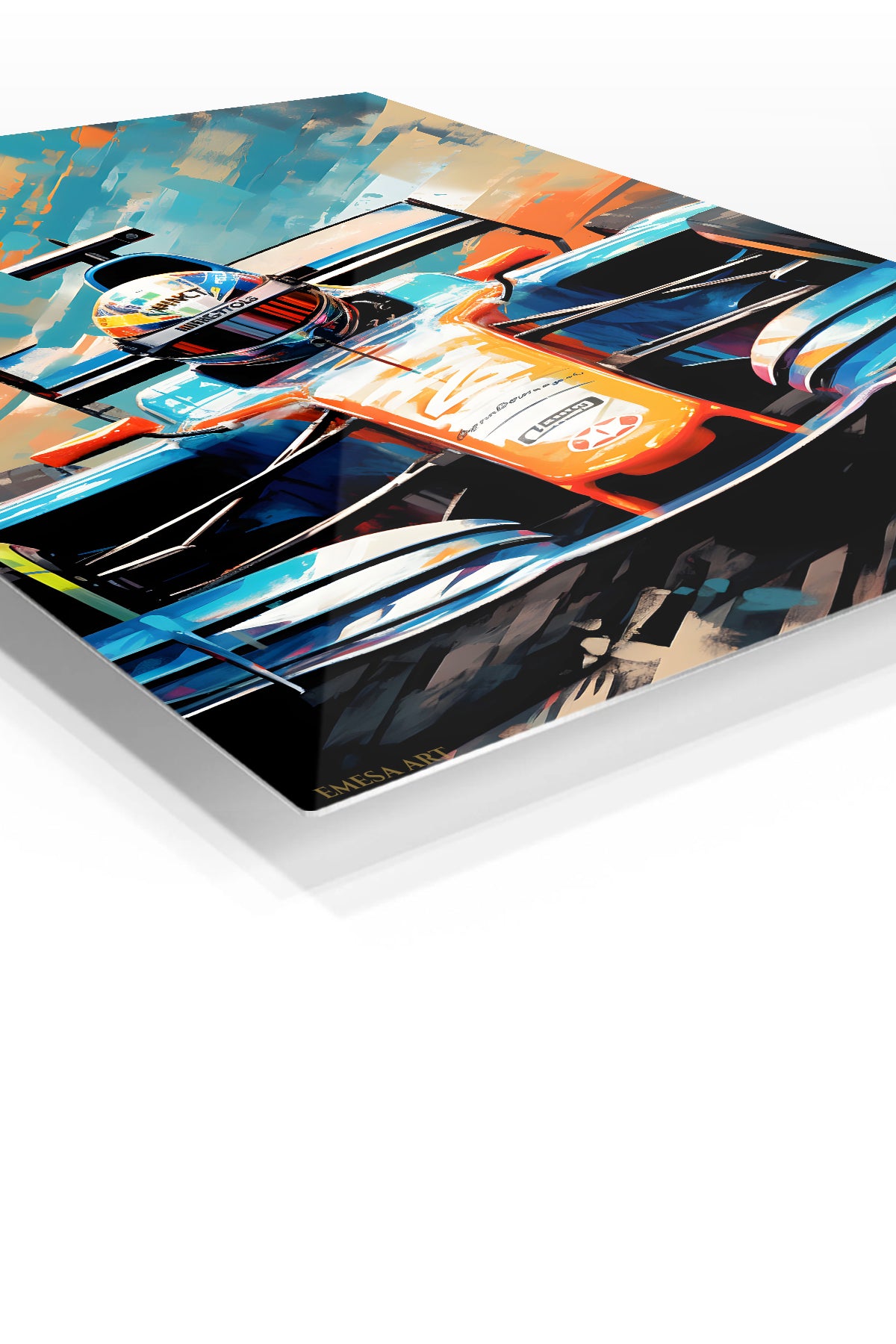 Formula Racer in Orange and Blue premium metal wall art – angled view