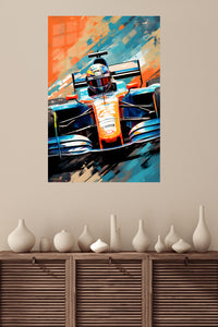 Formula Racer in Orange and Blue metal wall art displayed in a modern interior